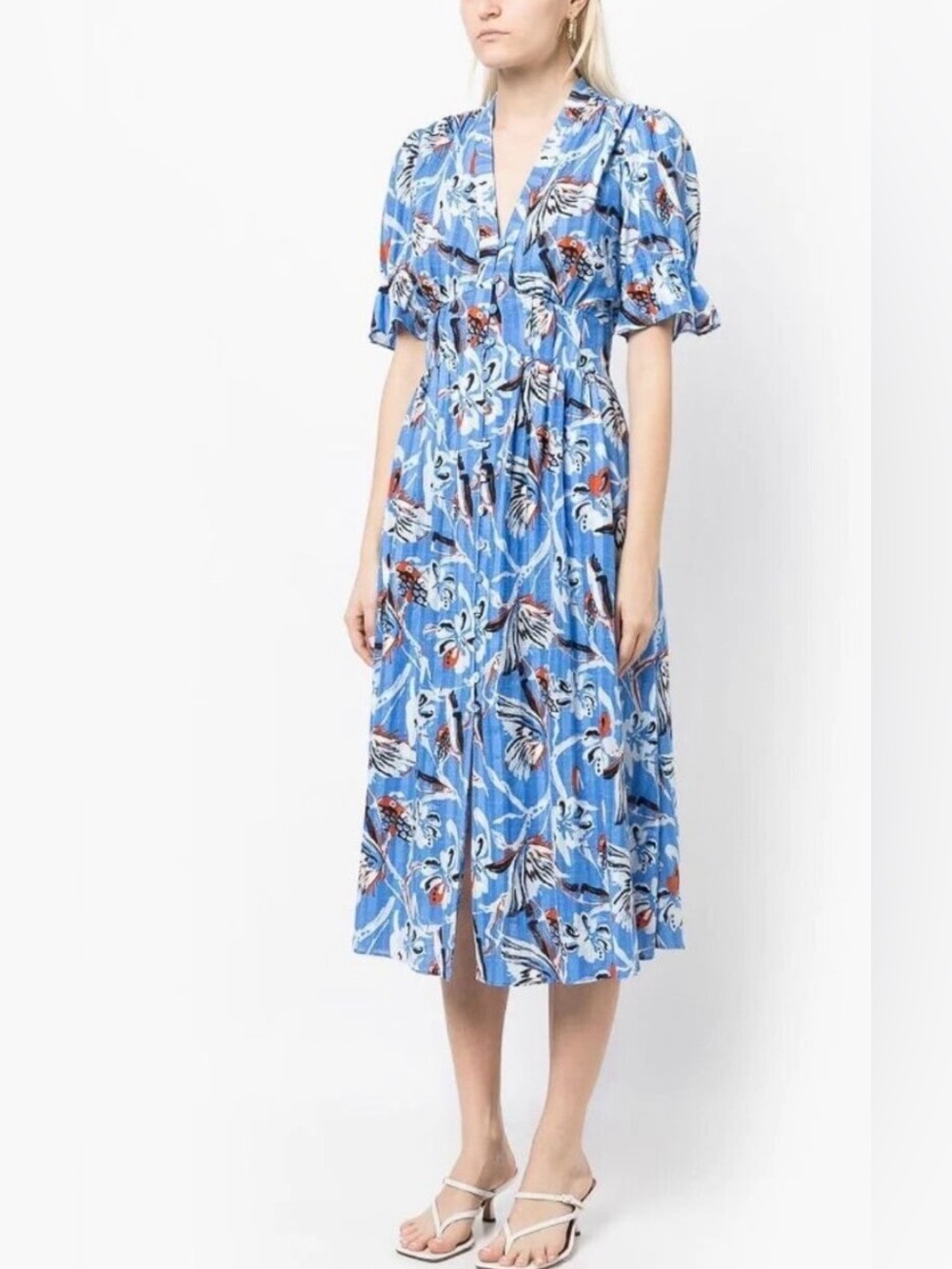 DVF Blue Floral Button-Front Midi Dress